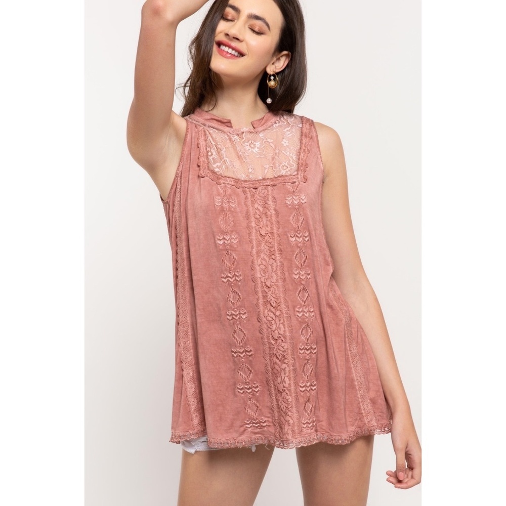 POL Terracotta Sleeveless High Neck Lace & Embroidered Rayon Top - Picture 7 of 8